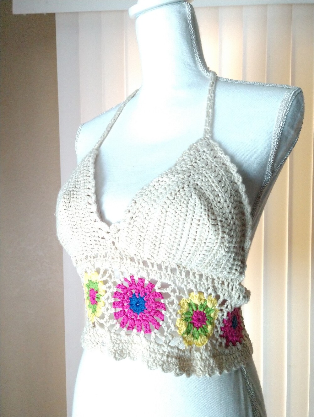 Crochet Halter Top Crop Floral Beige Natural Color Boho Festival Beach Small